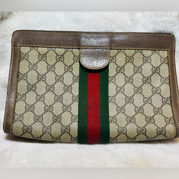 Gucci Beige Monogram Clutch with Red and Green Accent